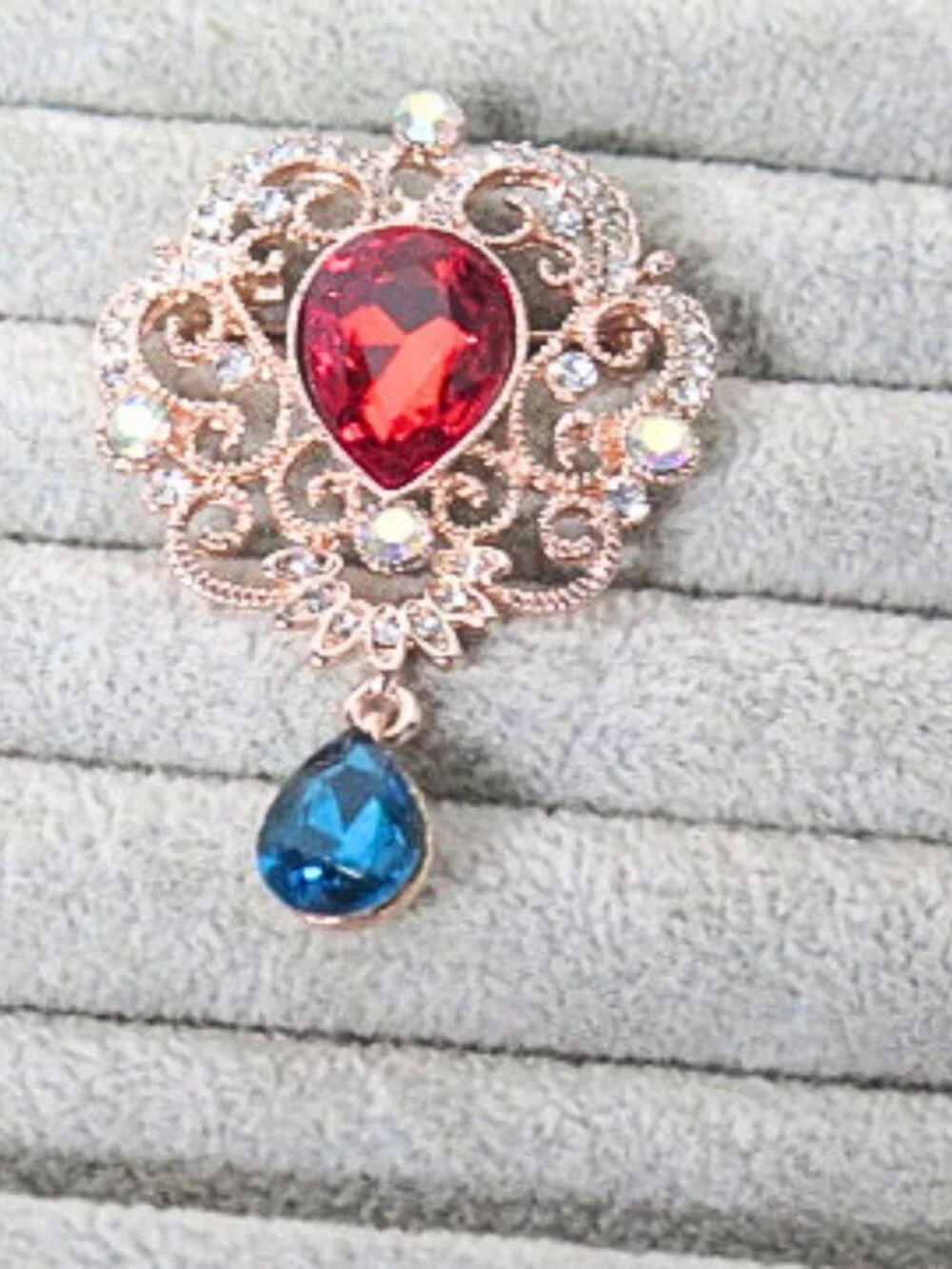Rose Gold Tone Red & Blue Rhinestone Teardrop Dangle Brooch Pin